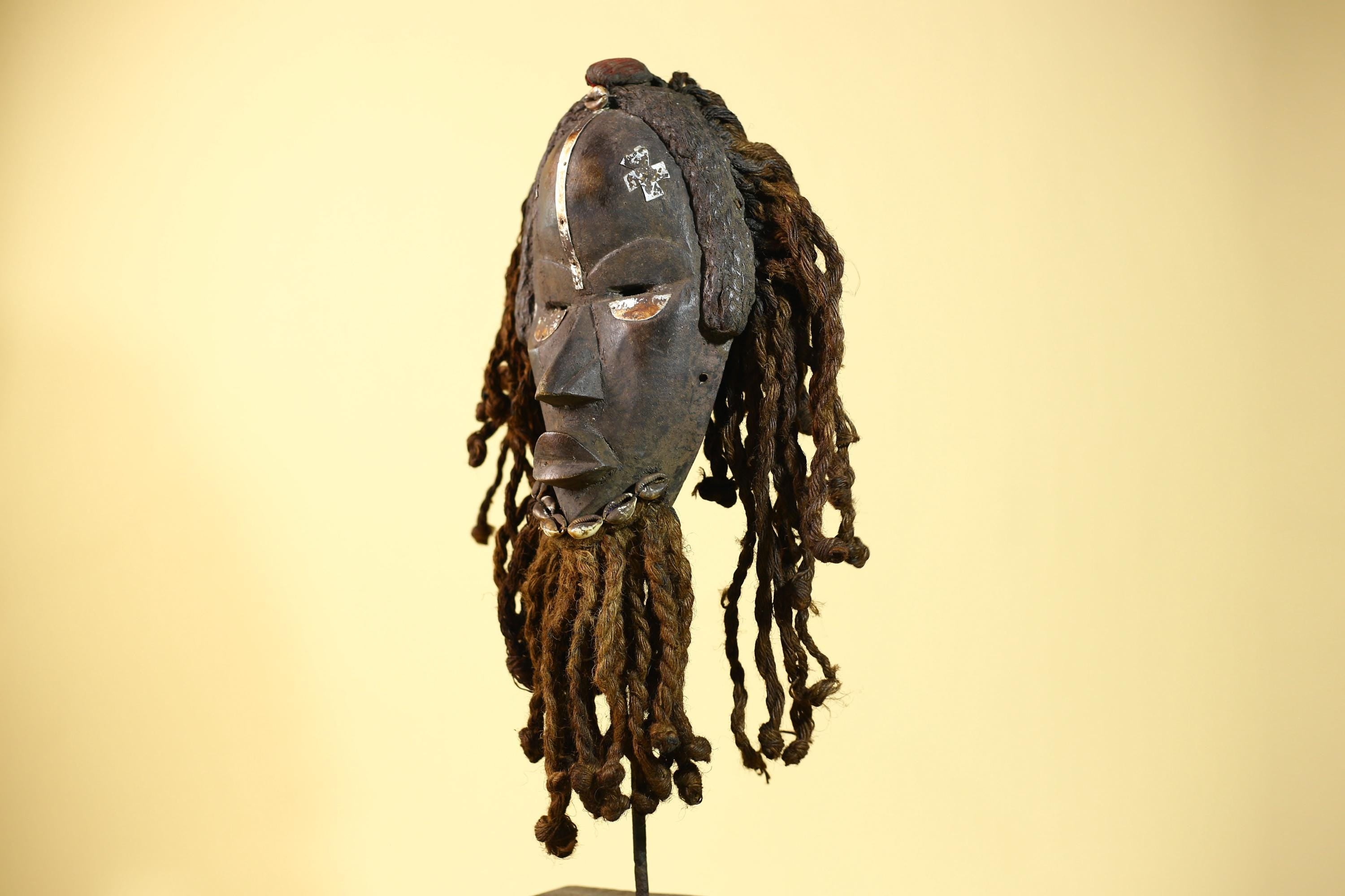 Vintage Dan Mask with Braided Hair &Cowrie Details African Tribal Mask Art-G6022