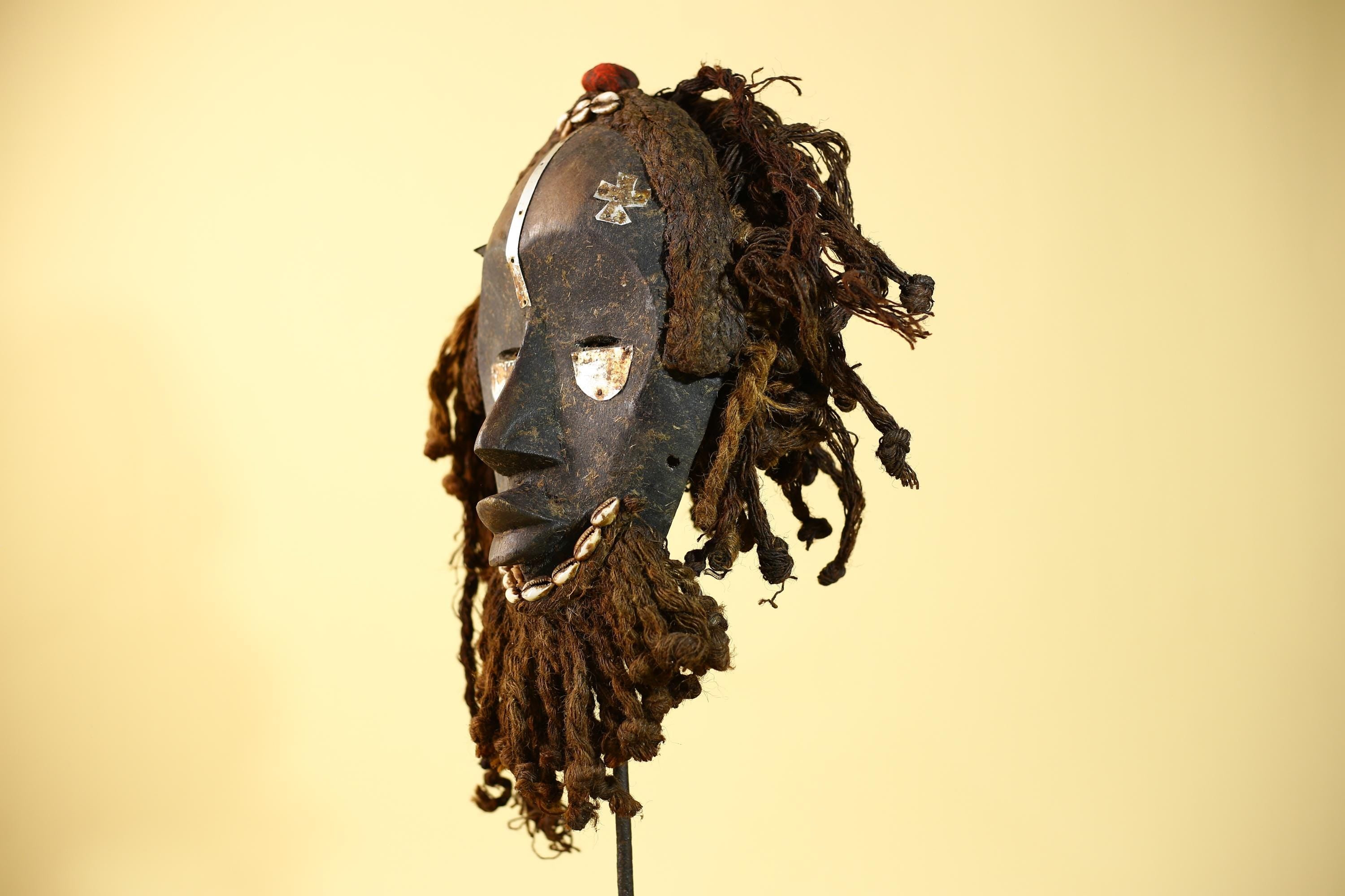 African Vintage Dan Mask Tribal Art Cowrie Inlay Fiber Braids Carved Wood-G6023