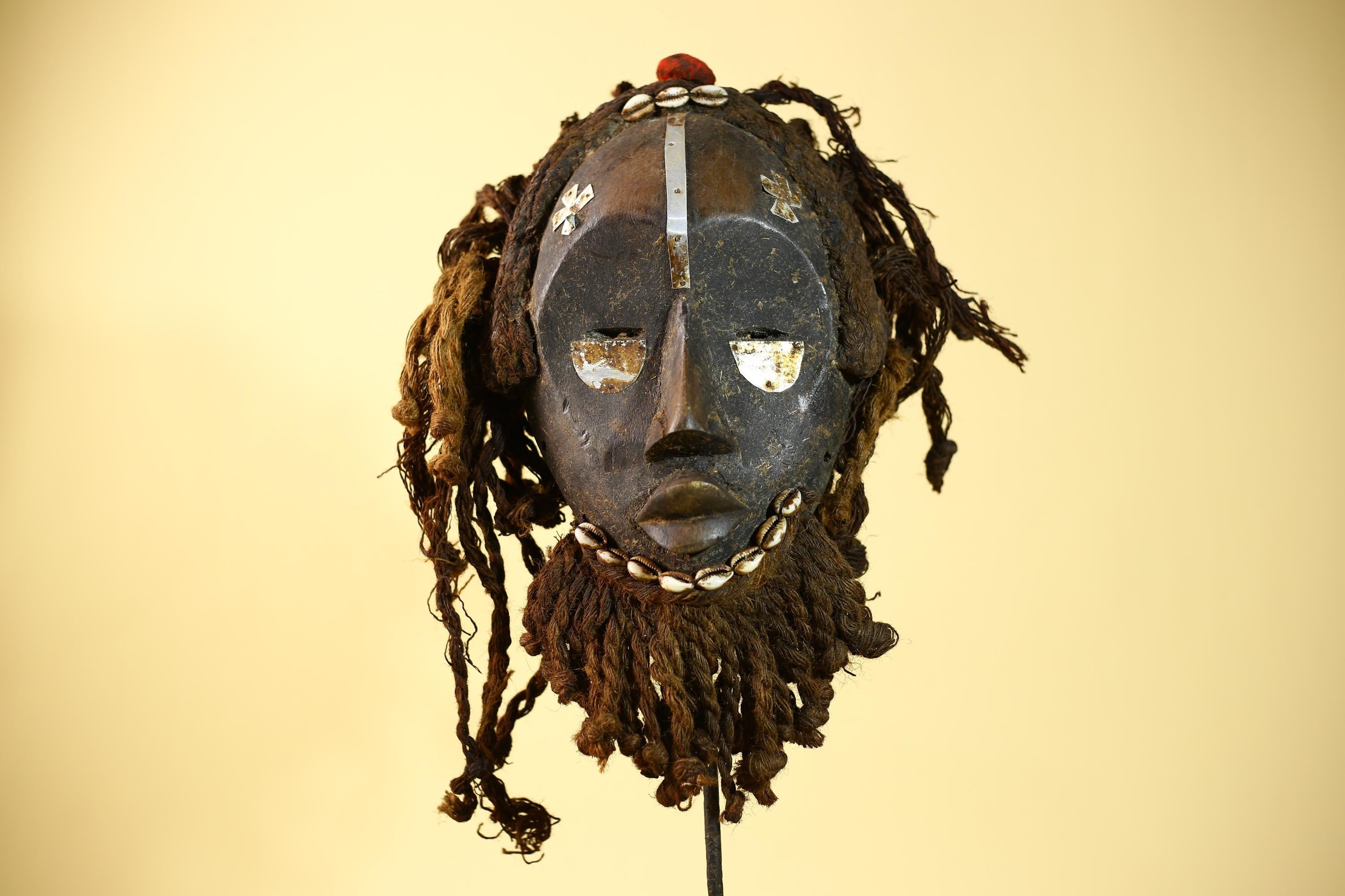 African Vintage Dan Mask Tribal Art Cowrie Inlay Fiber Braids Carved Wood-G6023