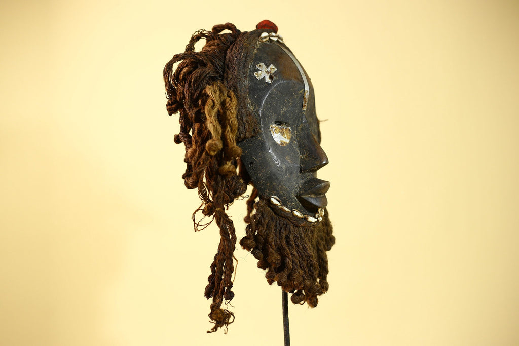 African Vintage Dan Mask Tribal Art Cowrie Inlay Fiber Braids Carved Wood-G6023