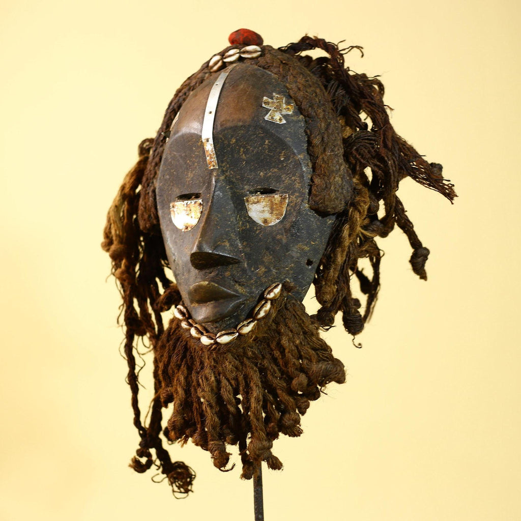 African Vintage Dan Mask Tribal Art Cowrie Inlay Fiber Braids Carved Wood-G6023