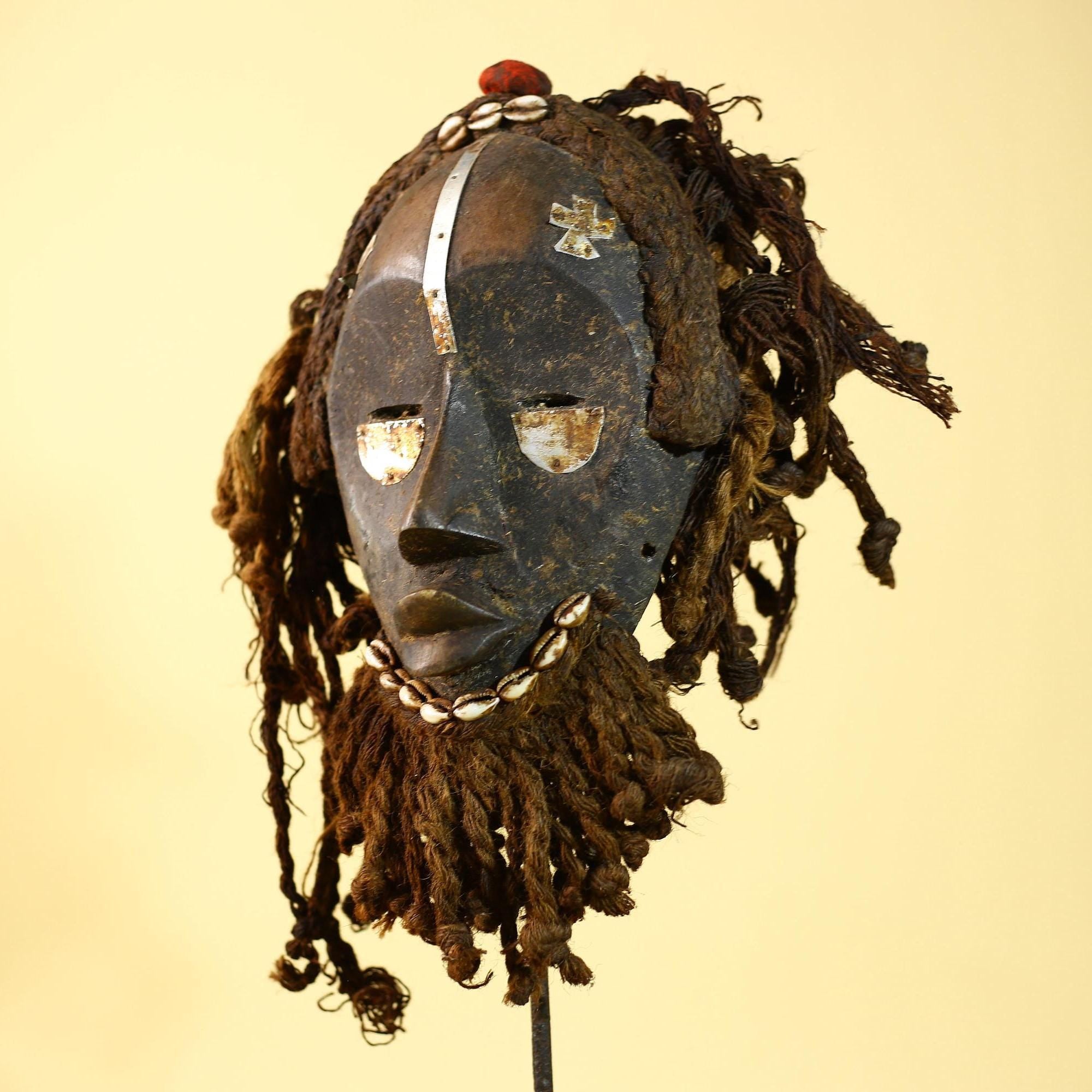 African Vintage Dan Mask Tribal Art Cowrie Inlay Fiber Braids Carved Wood-G6023
