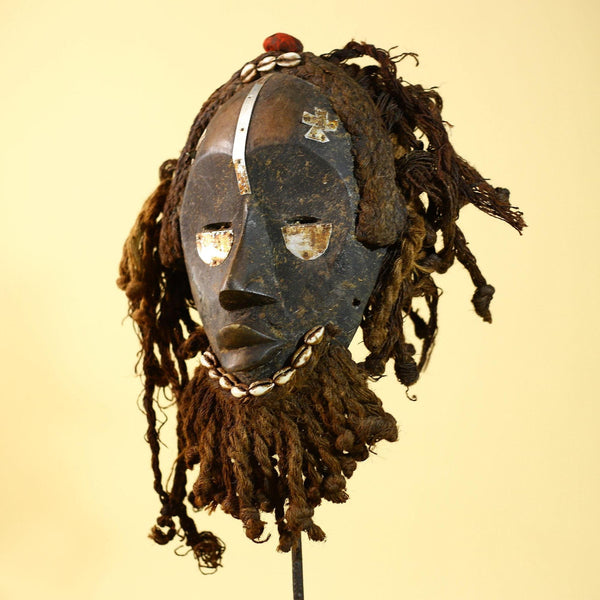 African Vintage Dan Mask Tribal Art Cowrie Inlay Fiber Braids Carved Wood-G6023