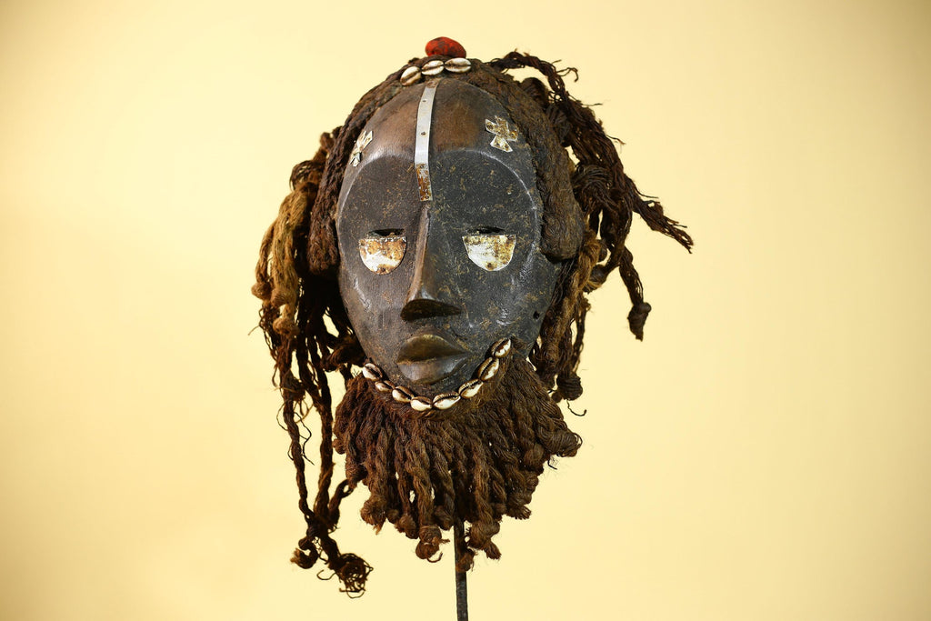 African Vintage Dan Mask Tribal Art Cowrie Inlay Fiber Braids Carved Wood-G6023