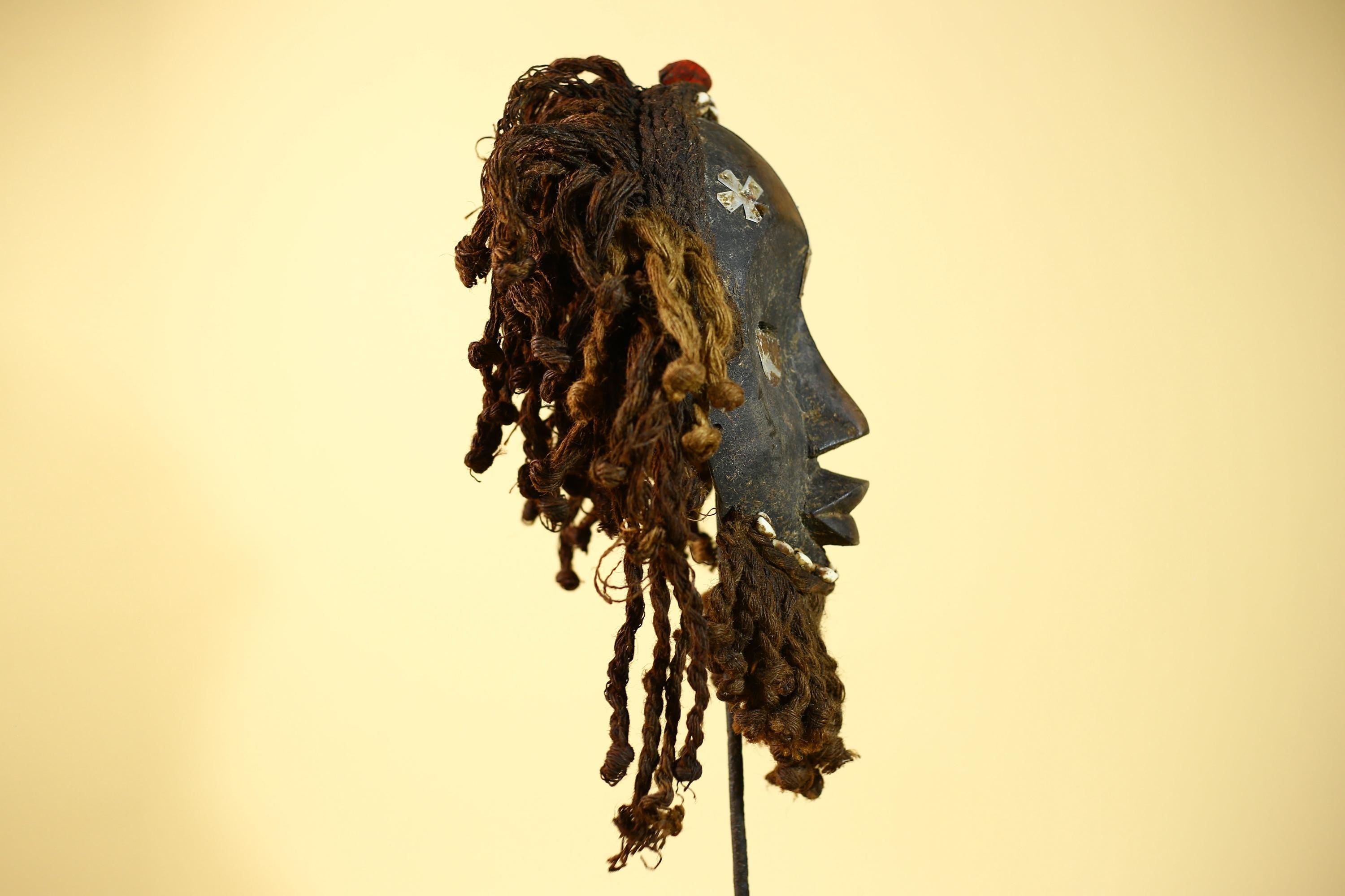 African Vintage Dan Mask Tribal Art Cowrie Inlay Fiber Braids Carved Wood-G6023