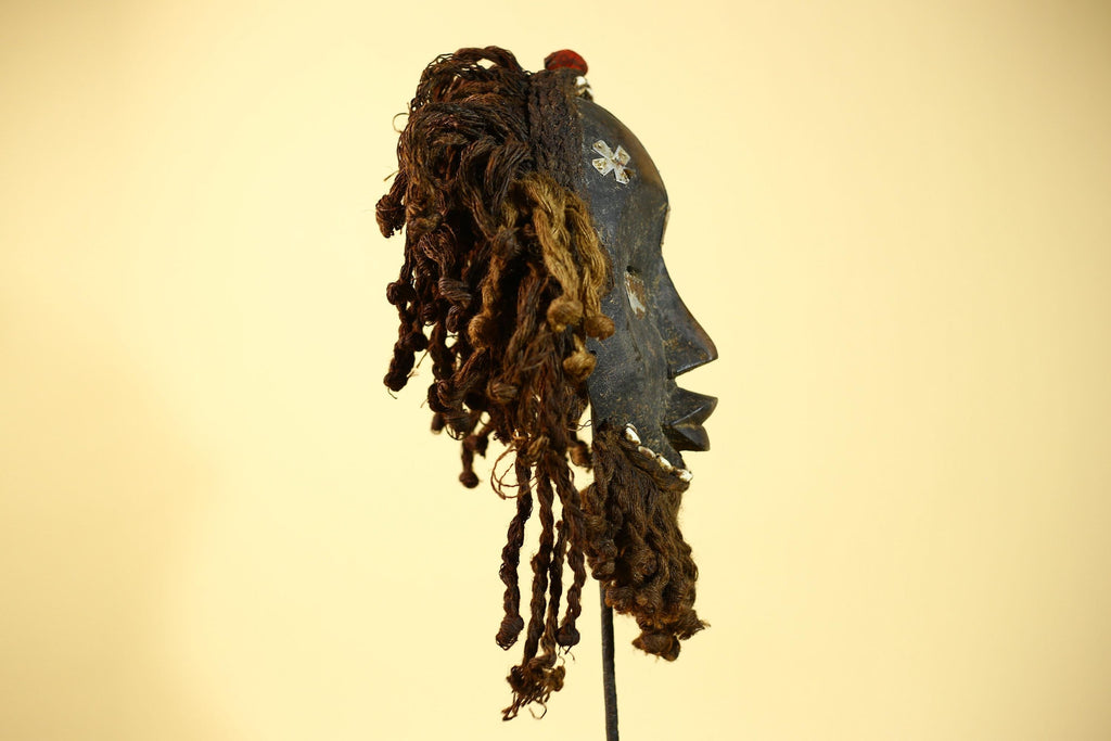 African Vintage Dan Mask Tribal Art Cowrie Inlay Fiber Braids Carved Wood-G6023