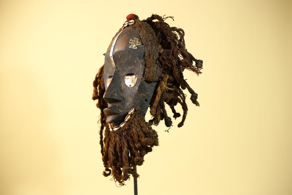 African Vintage Dan Mask Tribal Art Cowrie Inlay Fiber Braids Carved Wood-G6023