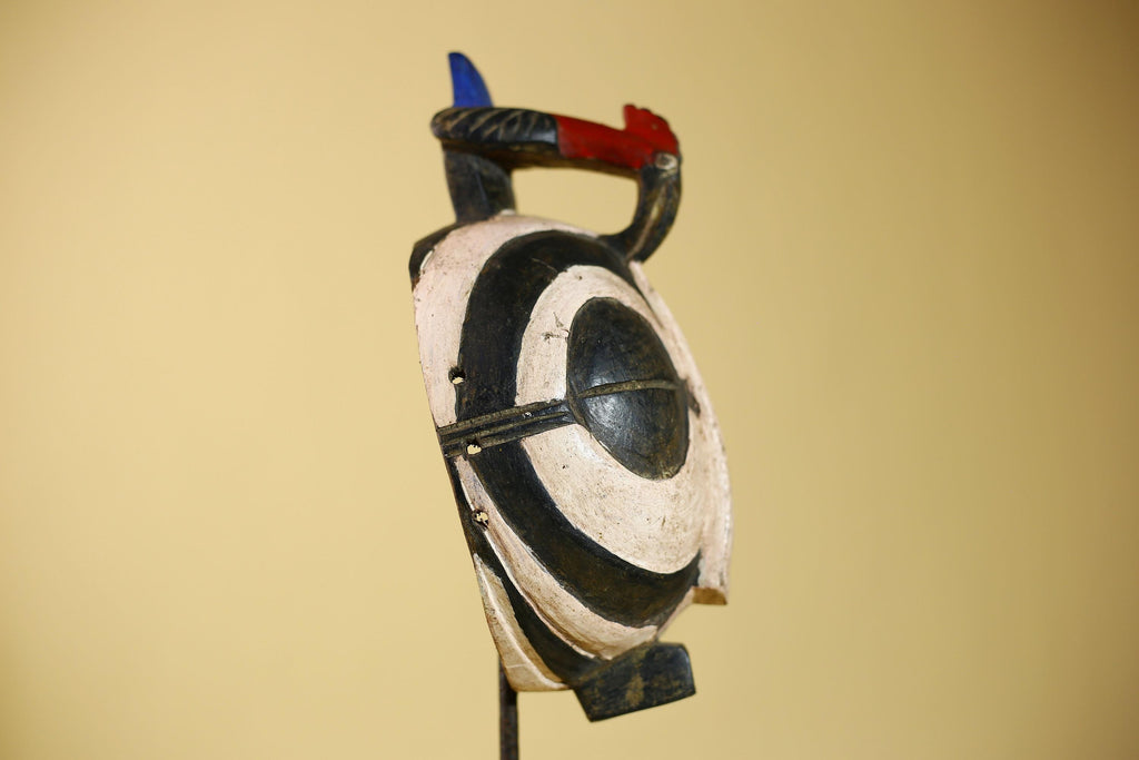 African Vintage Black White Tribal Mask with Bird Crest Carved Wall Art-G6026
