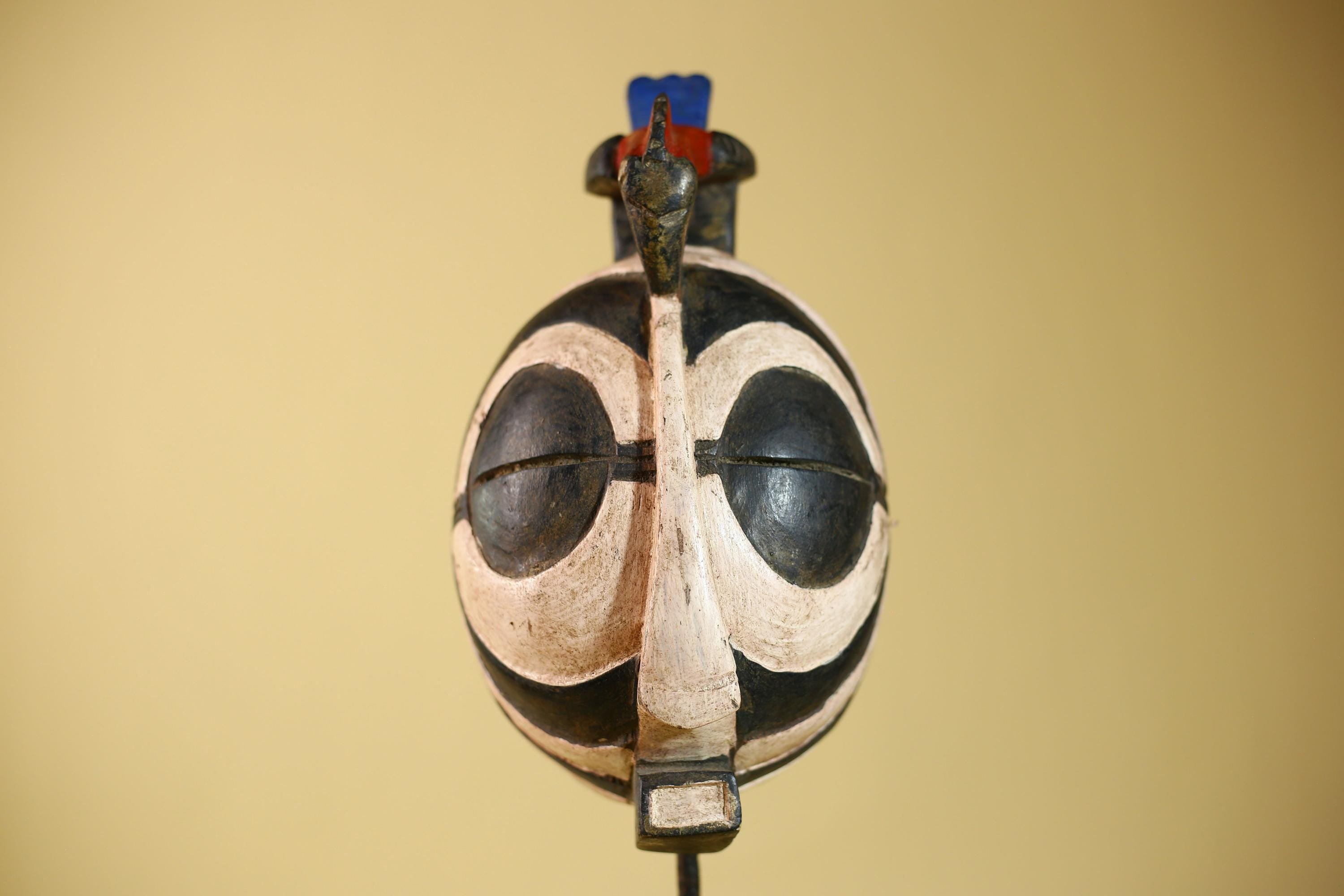 African Vintage Black White Tribal Mask with Bird Crest Carved Wall Art-G6026
