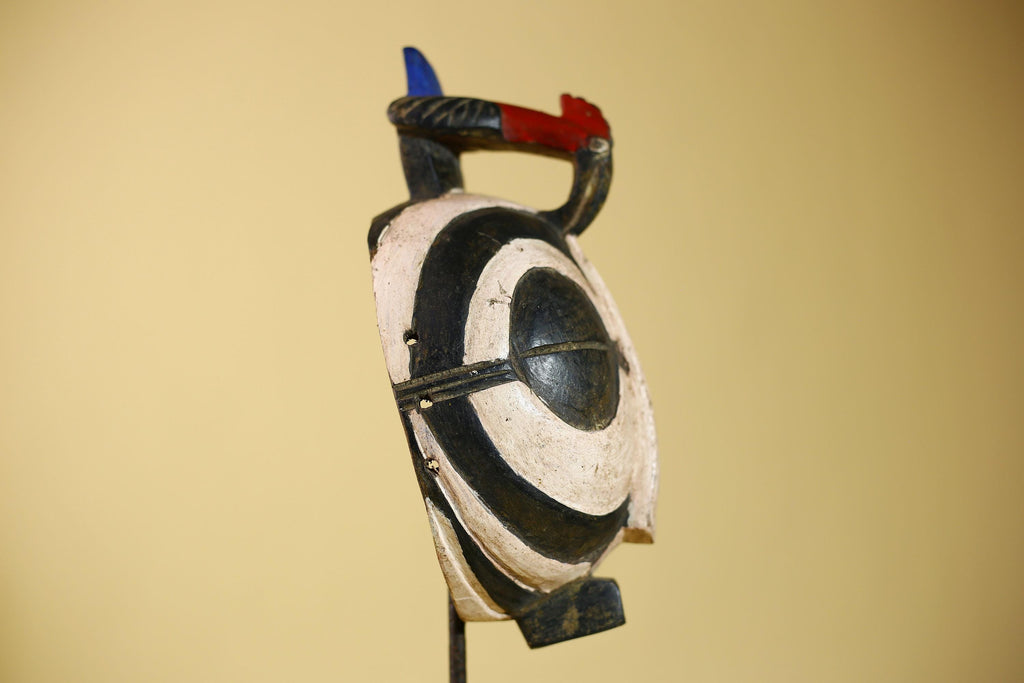 African Vintage Black White Tribal Mask with Bird Crest Carved Wall Art-G6026