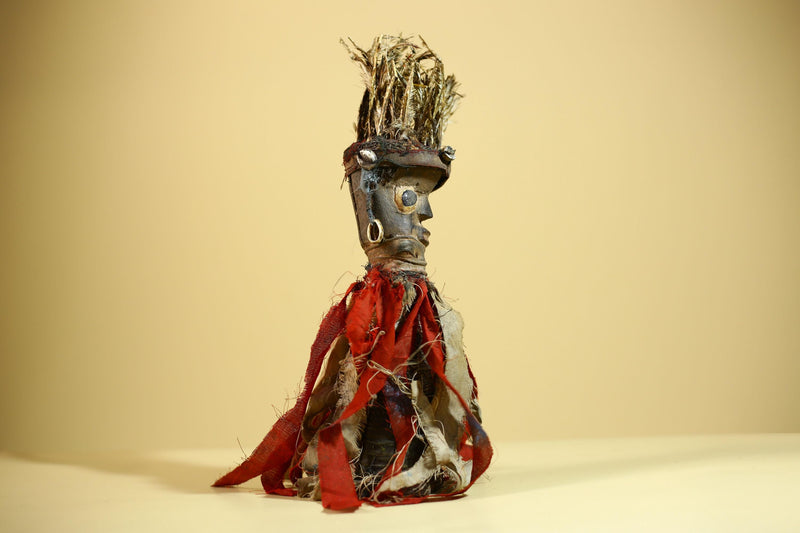 African Nkondi Vintage Ritual Statue with Feathers & Cloth Fetish Figure-G6028