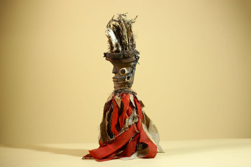 African Nkondi Vintage Ritual Statue with Feathers & Cloth Fetish Figure-G6028