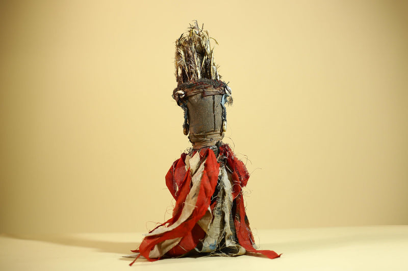 African Nkondi Vintage Ritual Statue with Feathers & Cloth Fetish Figure-G6028