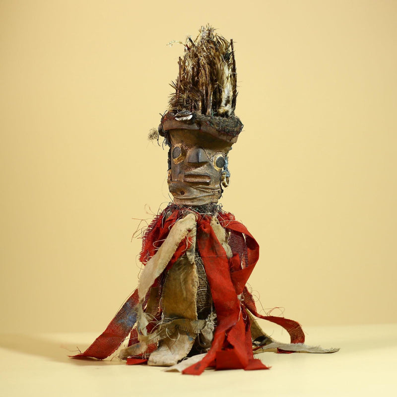 African Nkondi Vintage Ritual Statue with Feathers & Cloth Fetish Figure-G6028