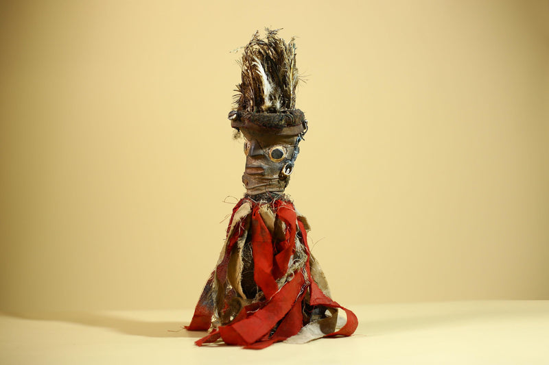 African Nkondi Vintage Ritual Statue with Feathers & Cloth Fetish Figure-G6028