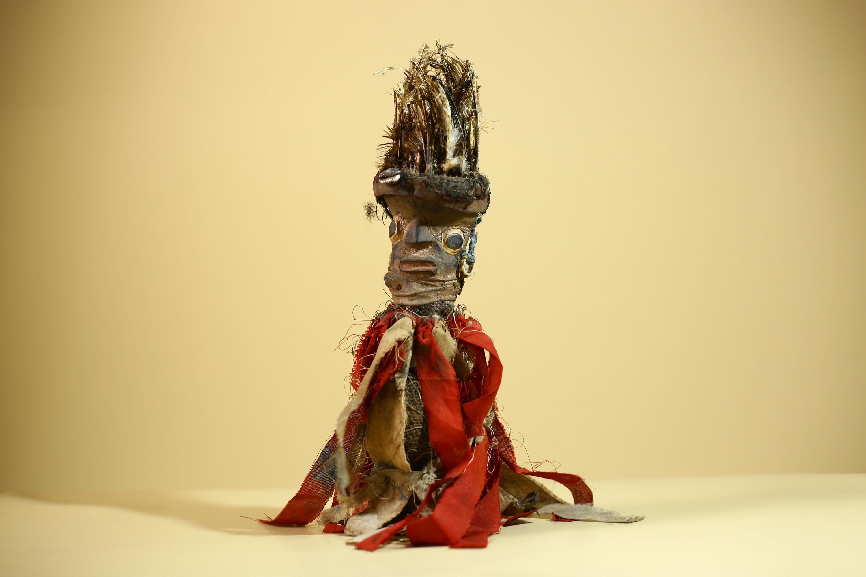 African Nkondi Vintage Ritual Statue with Feathers & Cloth Fetish Figure-G6028