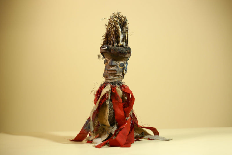 African Nkondi Vintage Ritual Statue with Feathers & Cloth Fetish Figure-G6028