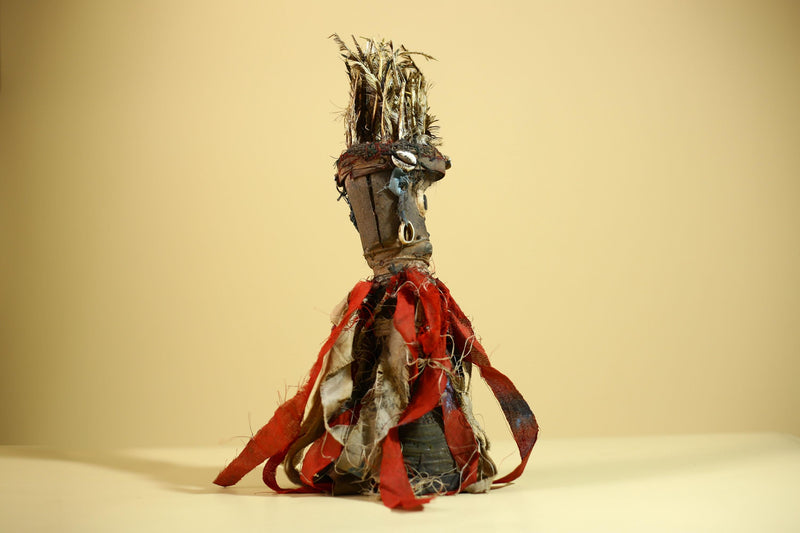 African Nkondi Vintage Ritual Statue with Feathers & Cloth Fetish Figure-G6028
