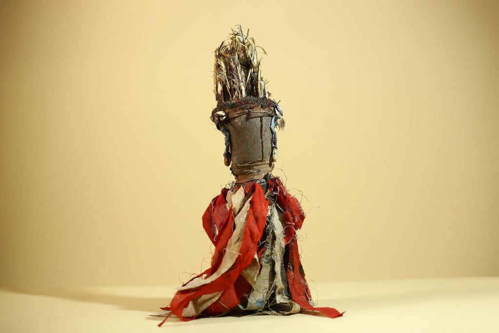 African Nkondi Vintage Ritual Statue with Feathers & Cloth Fetish Figure-G6028