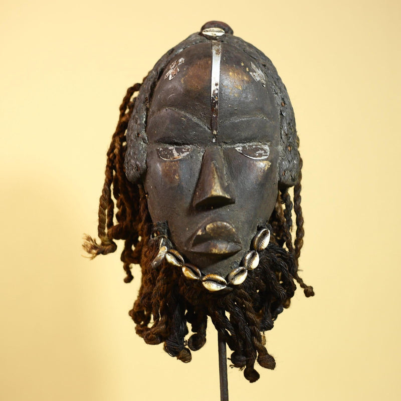 African Dan Mask Côte d'Ivoire Tribal Art Cowrie Fiber Beard Braided Hair-G6031