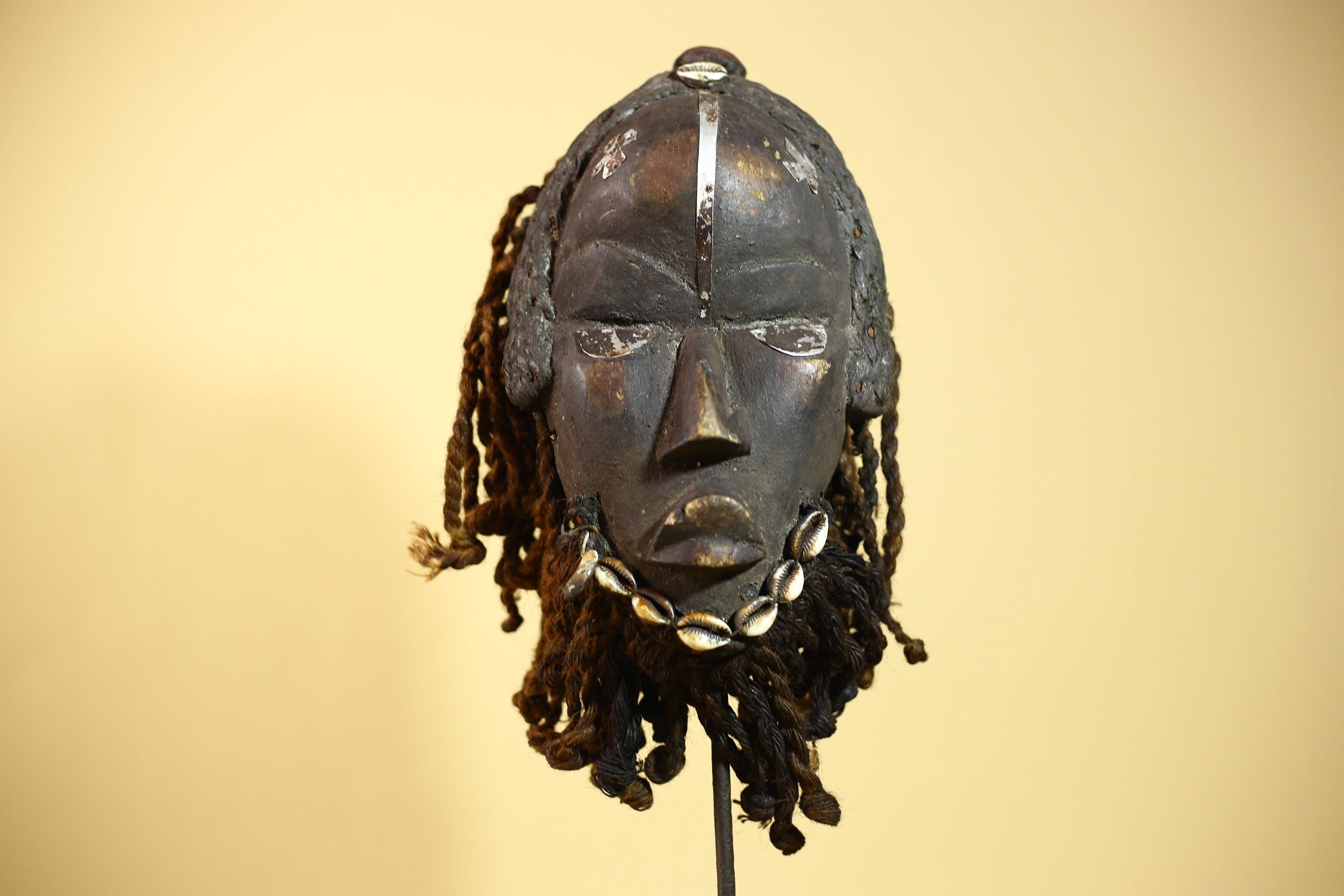African Dan Mask Côte d'Ivoire Tribal Art Cowrie Fiber Beard Braided Hair-G6031