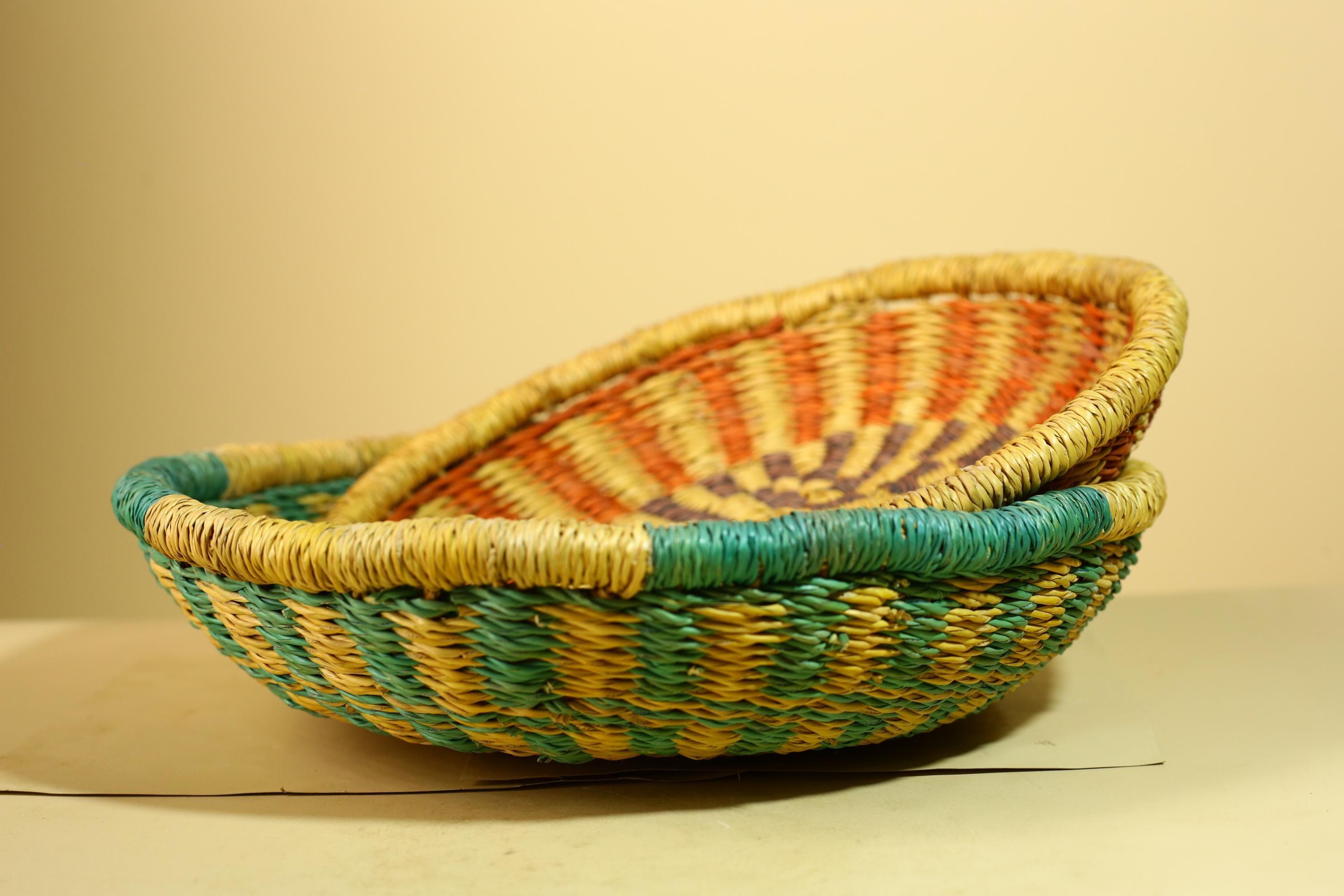 African Woven Basket Set Colorful Straw Craft Handmade Home Decor-G5931