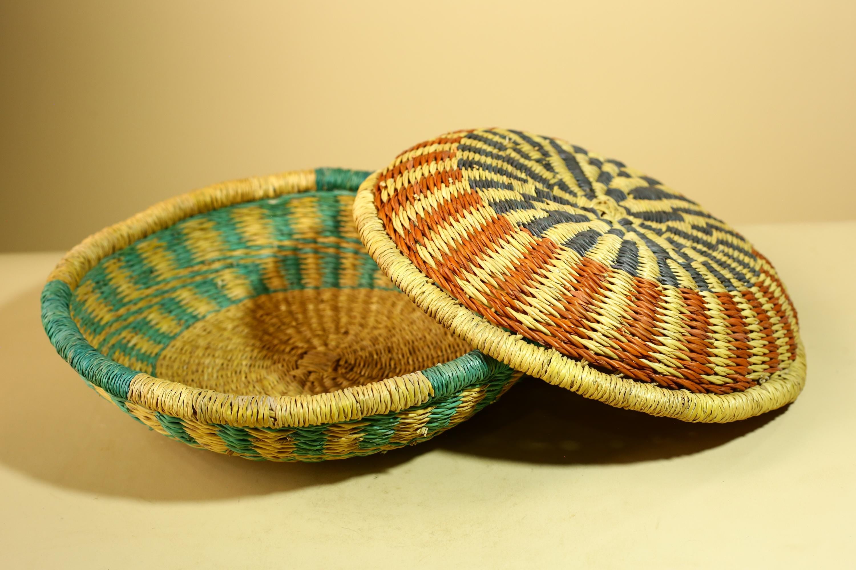 African Woven Basket Set Colorful Straw Craft Handmade Home Decor-G5931