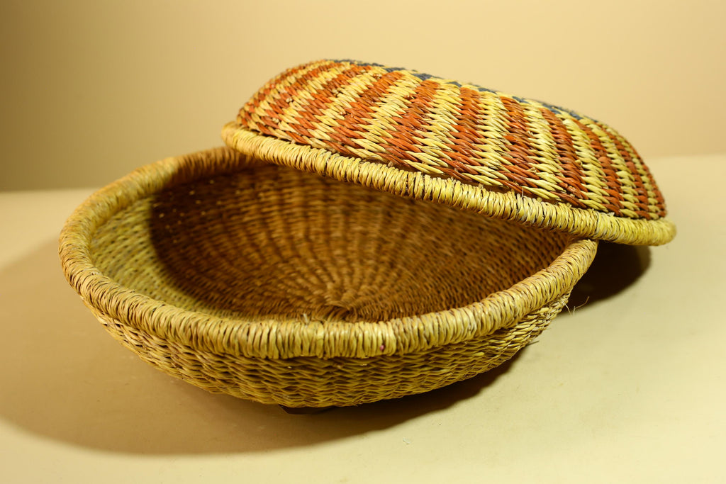 Handwoven African Basket With Lid Natural Grass Colorful Pattern Home Decor-G5932