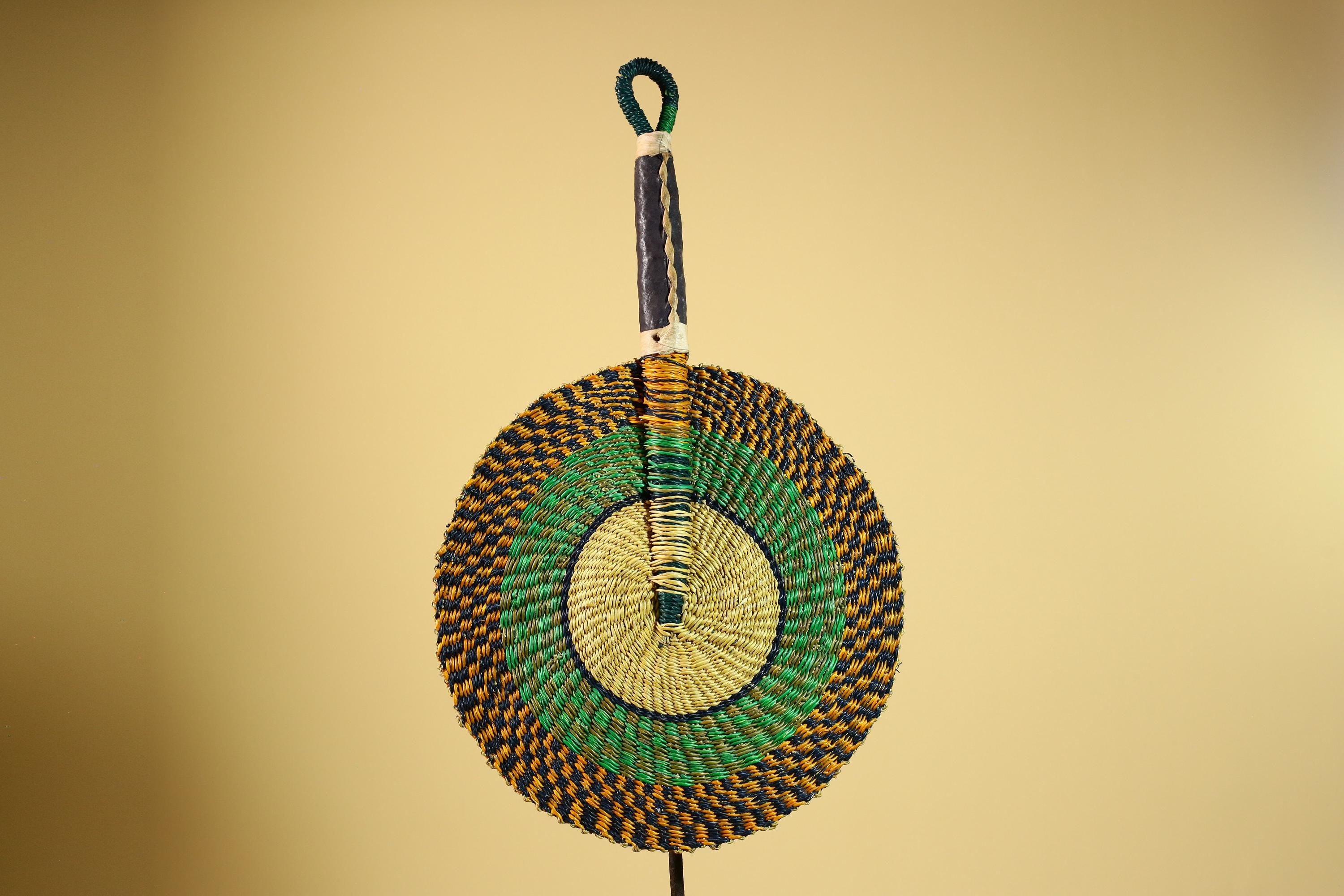 African Woven Fan Straw Bolga Handcrafted Green Yellow Tribal Art Decor-G5933