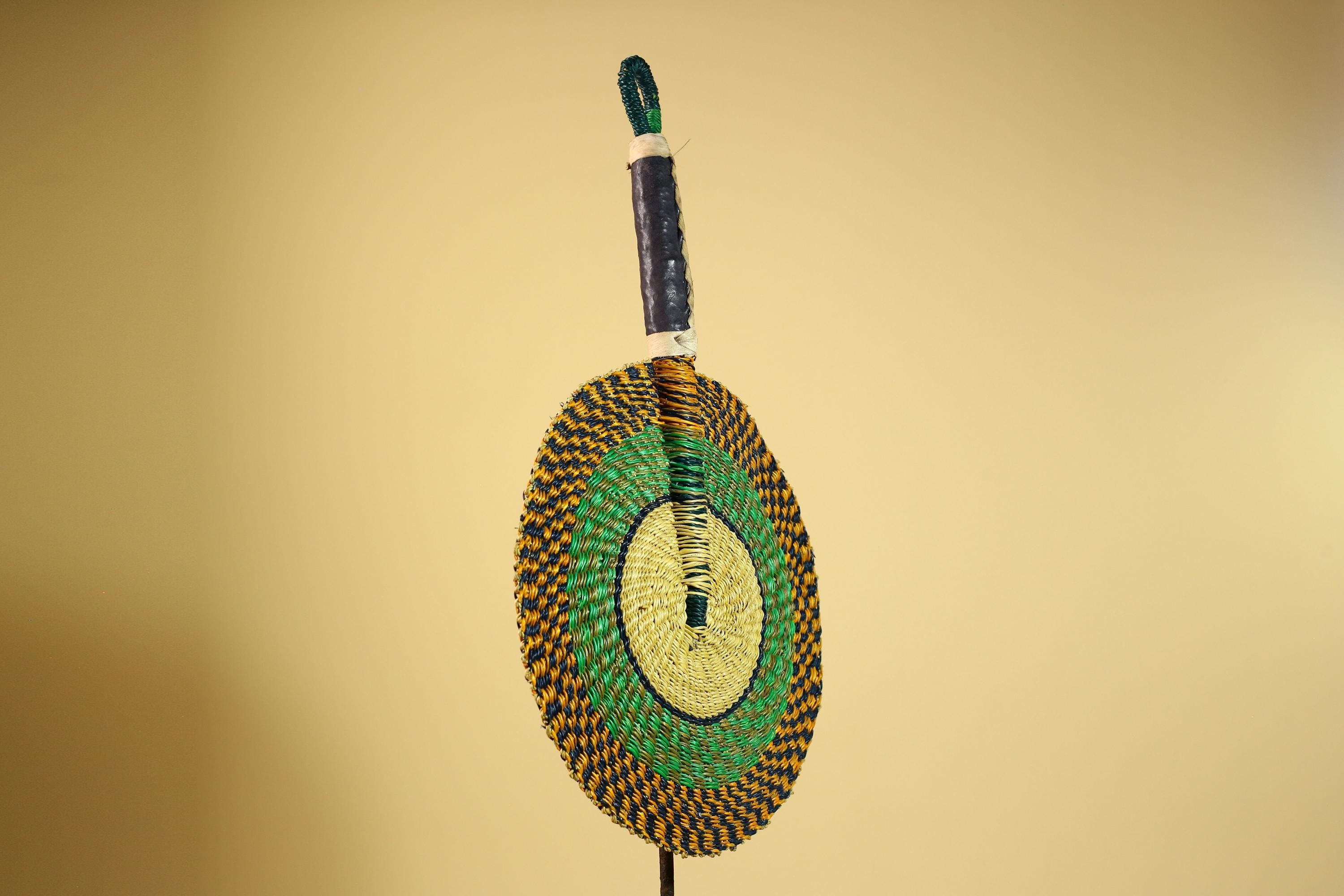 African Woven Fan Straw Bolga Handcrafted Green Yellow Tribal Art Decor-G5933