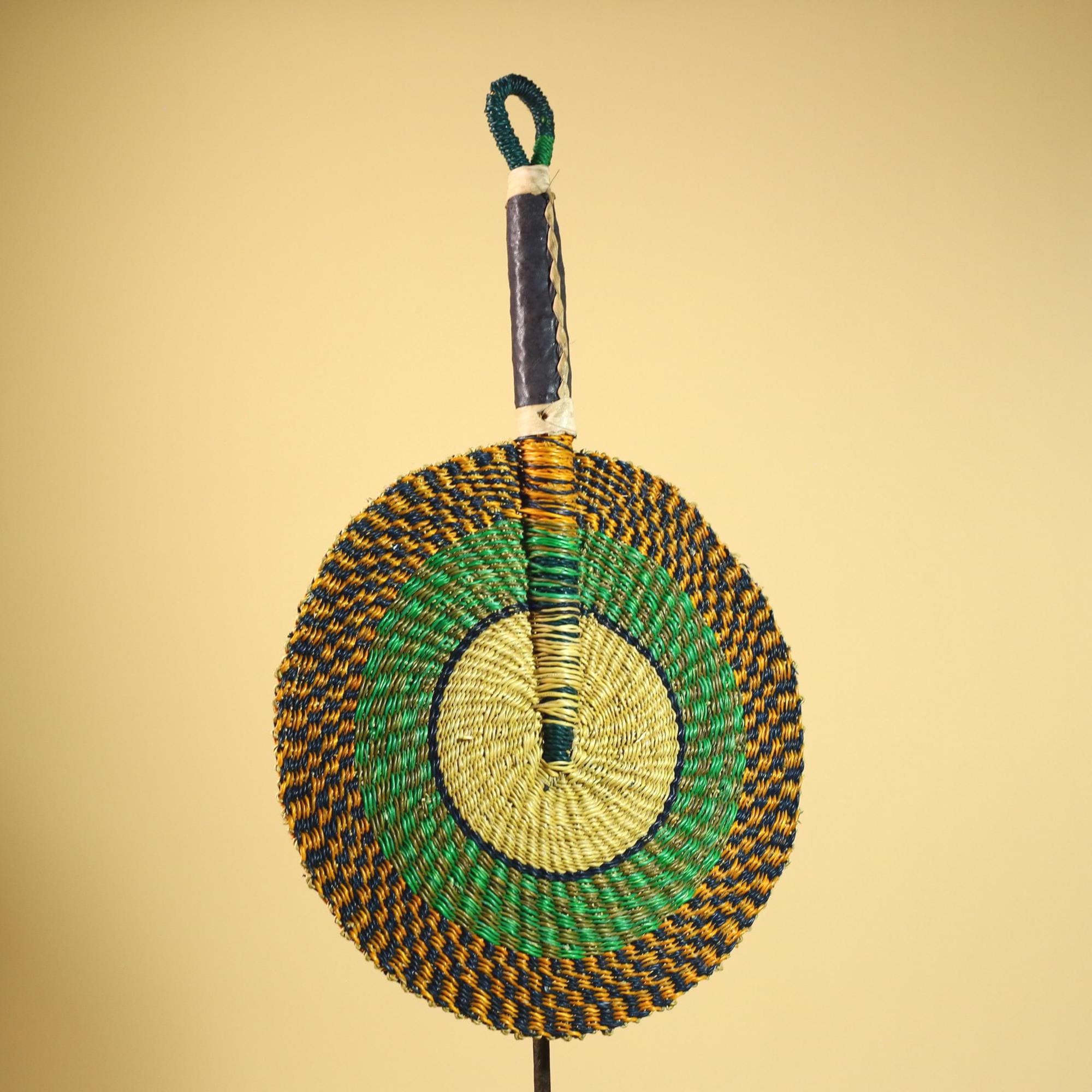 African Woven Fan Straw Bolga Handcrafted Green Yellow Tribal Art Decor-G5933