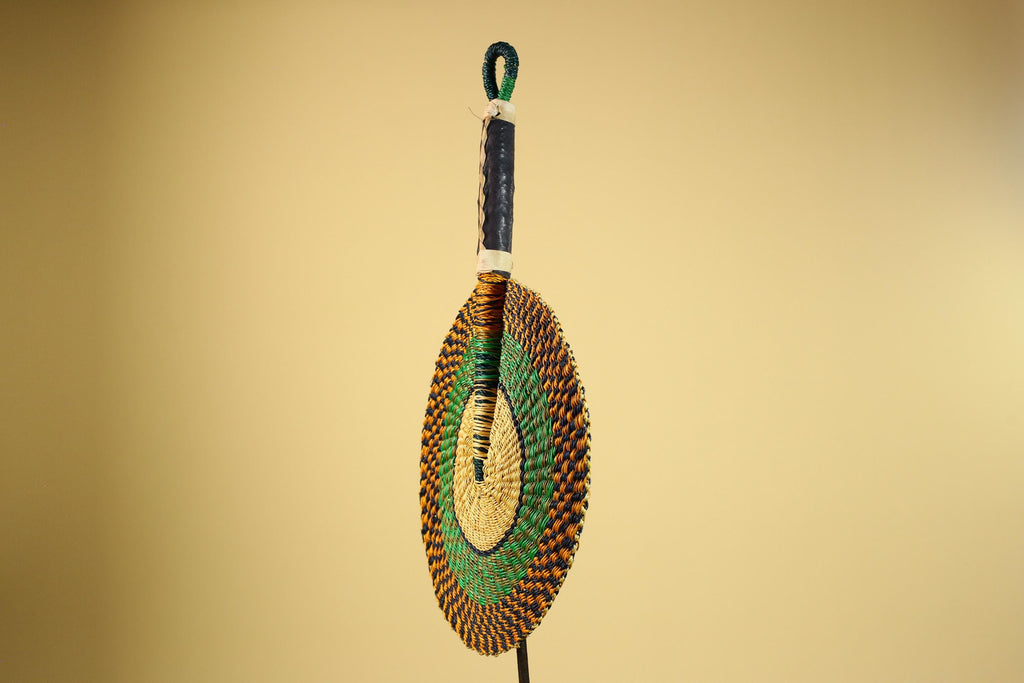 African Woven Fan Straw Bolga Handcrafted Green Yellow Tribal Art Decor-G5933