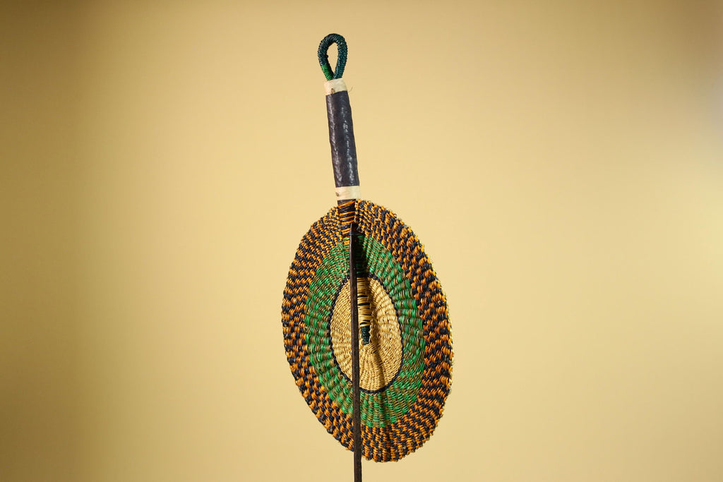 African Woven Fan Straw Bolga Handcrafted Green Yellow Tribal Art Decor-G5933