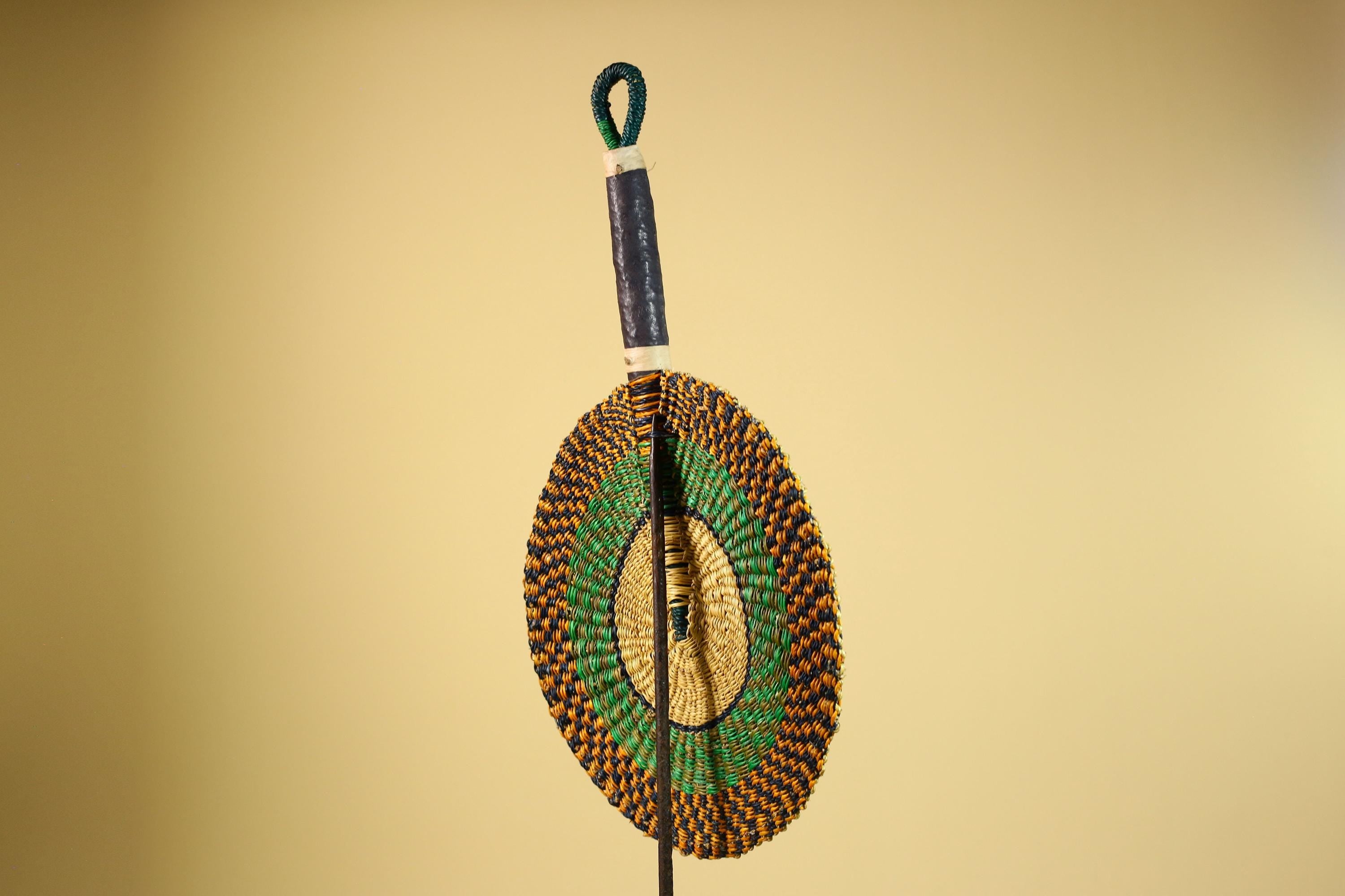 African Woven Fan Straw Bolga Handcrafted Green Yellow Tribal Art Decor-G5933