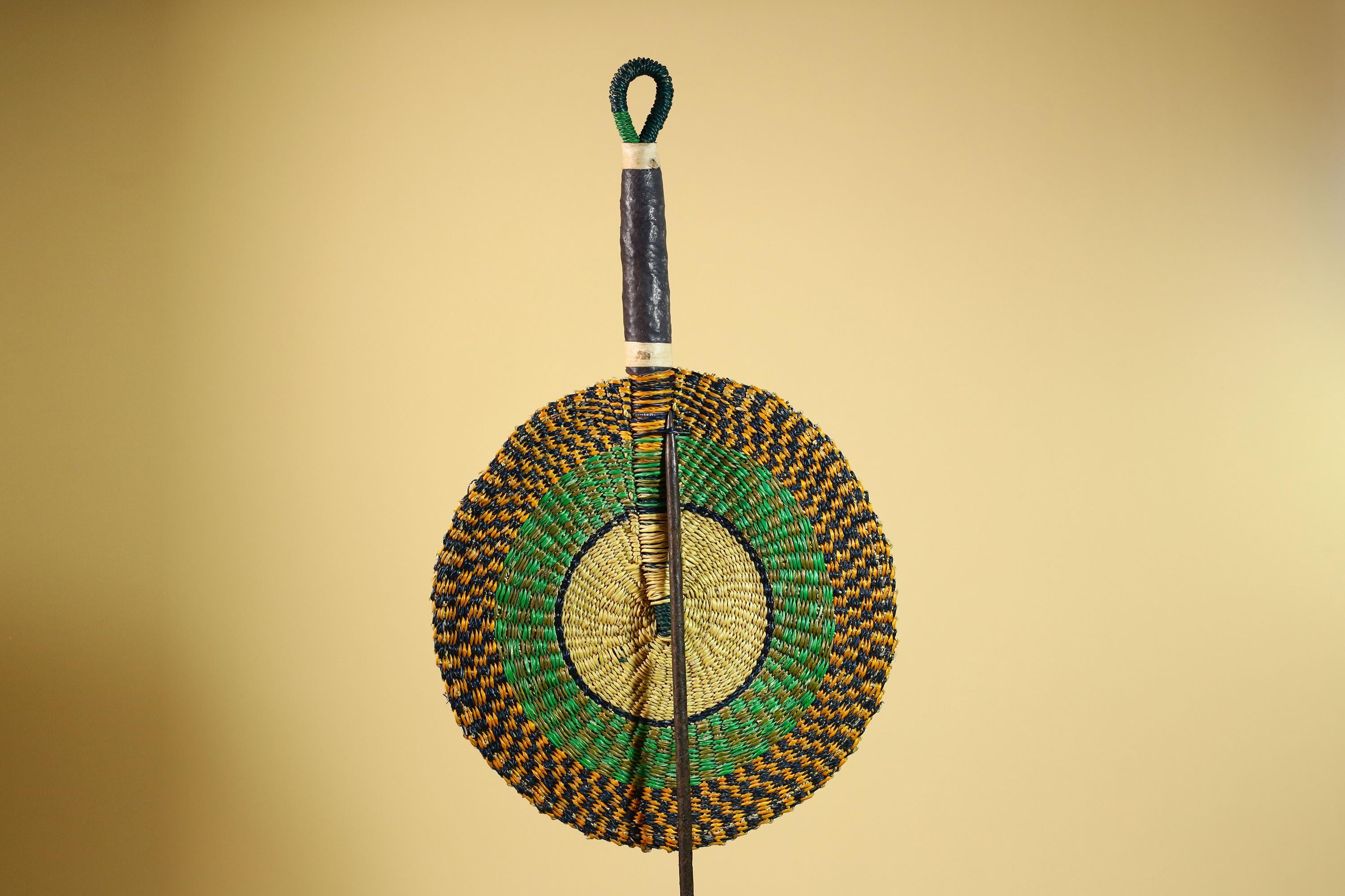 African Woven Fan Straw Bolga Handcrafted Green Yellow Tribal Art Decor-G5933