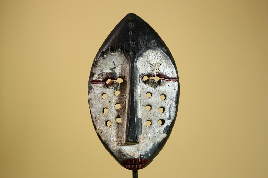 African Mask Carved Wood Painted Face Hole Pattern Congo Tribal Art Decorr-G5936