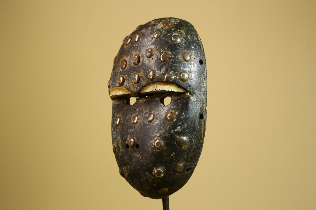 African Tribal Mask Carved Wood Metal Studs Congo Art Decor-G5937