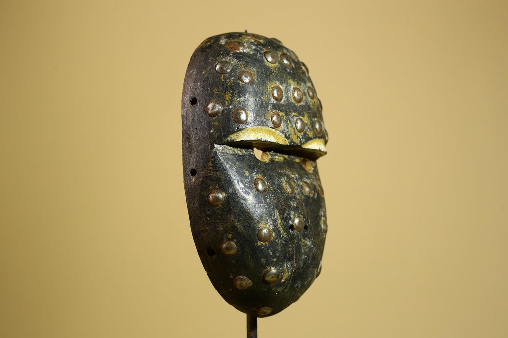 African Tribal Mask Carved Wood Metal Studs Congo Art Decor-G5937