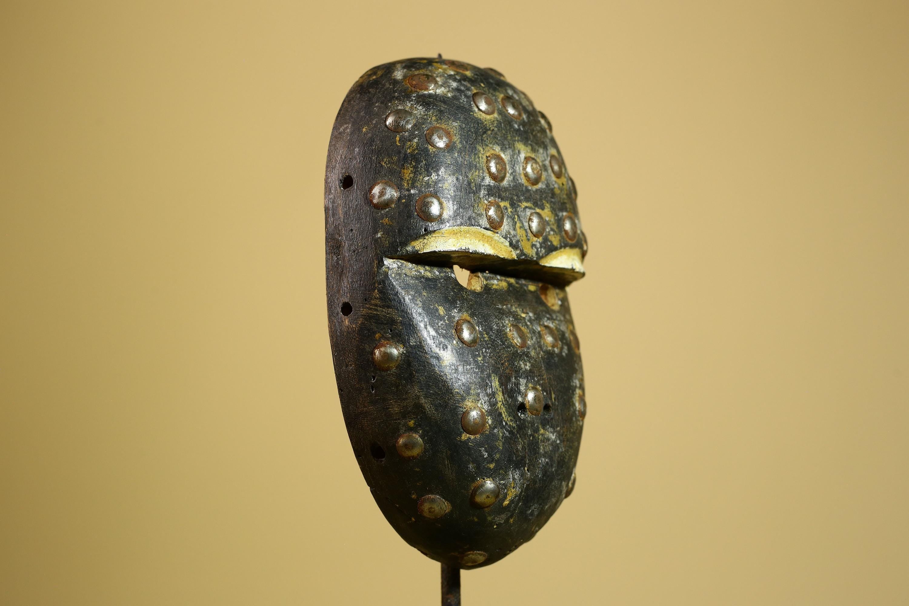 African Tribal Mask Carved Wood Metal Studs Congo Art Decor-G5937