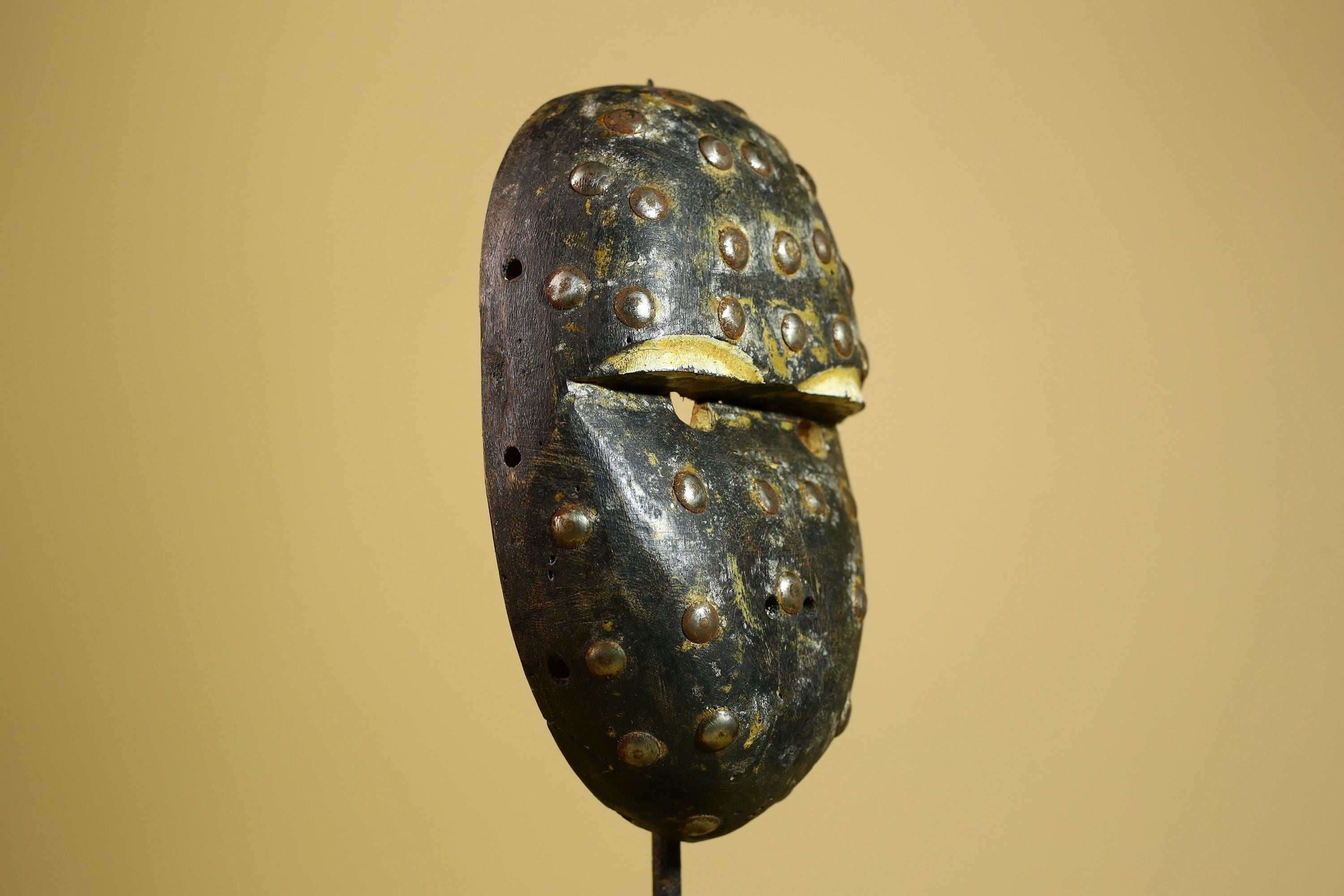 African Tribal Mask Carved Wood Metal Studs Congo Art Decor-G5937