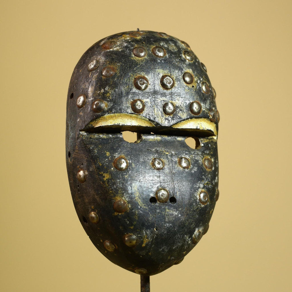 African Tribal Mask Carved Wood Metal Studs Congo Art Decor-G5937