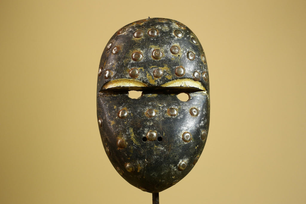 African Tribal Mask Carved Wood Metal Studs Congo Art Decor-G5937