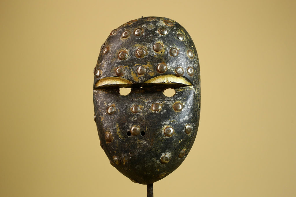 African Tribal Mask Carved Wood Metal Studs Congo Art Decor-G5937