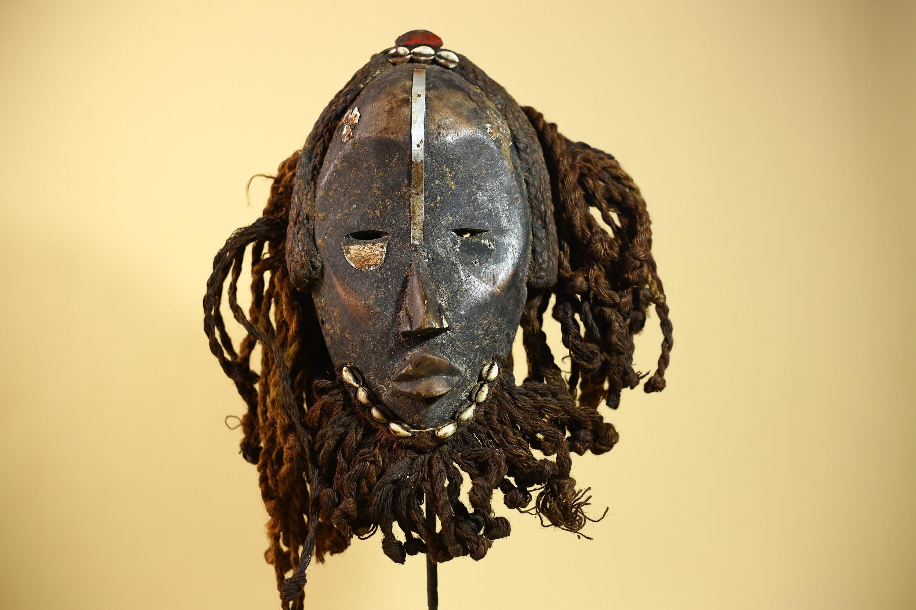 Vintage Dan African Mask Cowrie Shell Fiber Mask Tribal Carved Ritual Mask-G6032