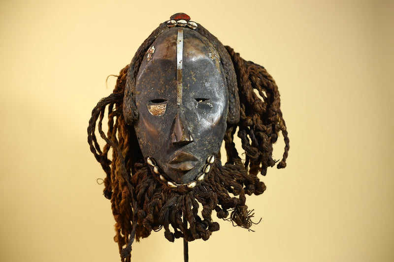 Vintage Dan African Mask Cowrie Shell Fiber Mask Tribal Carved Ritual Mask-G6032