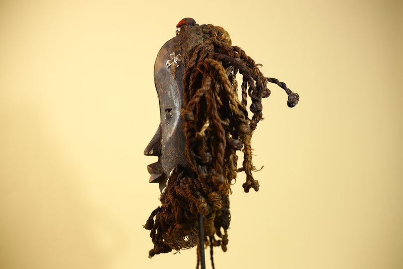 Vintage Dan African Mask Cowrie Shell Fiber Mask Tribal Carved Ritual Mask-G6032