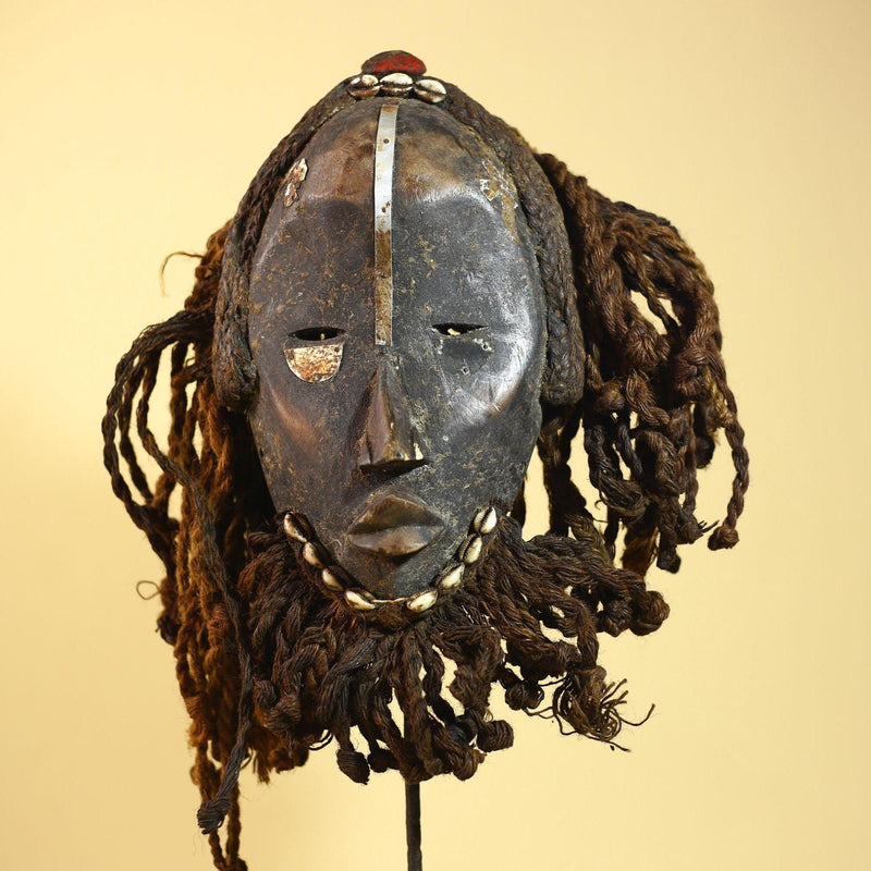 Vintage Dan African Mask Cowrie Shell Fiber Mask Tribal Carved Ritual Mask-G6032