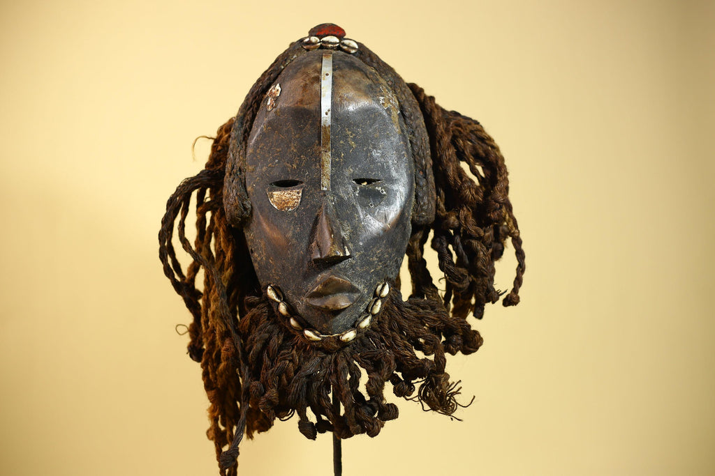 Vintage Dan African Mask Cowrie Shell Fiber Mask Tribal Carved Ritual Mask-G6032