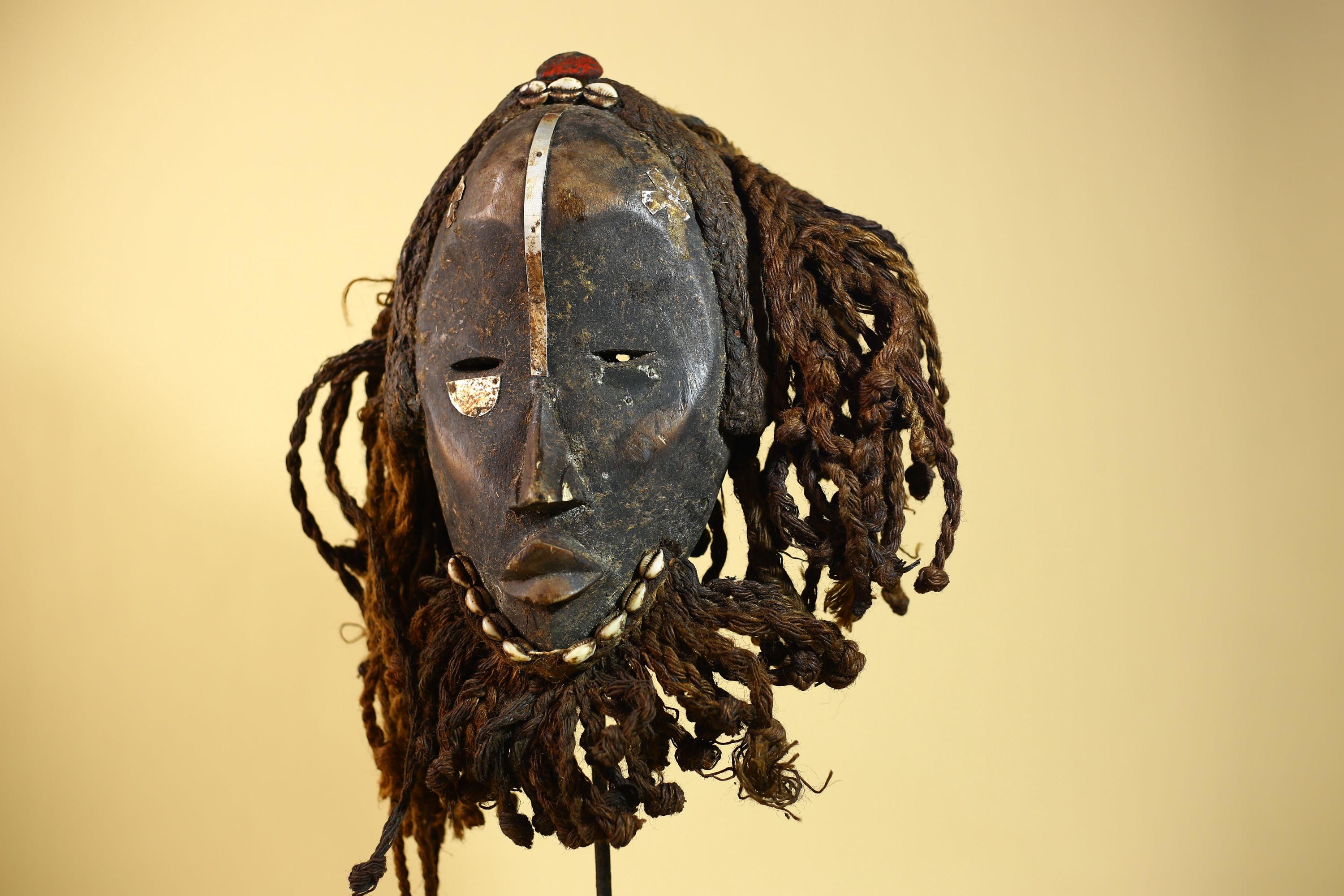 Vintage Dan African Mask Cowrie Shell Fiber Mask Tribal Carved Ritual Mask-G6032