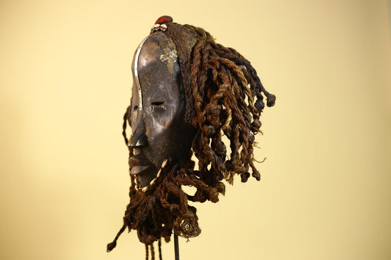 Vintage Dan African Mask Cowrie Shell Fiber Mask Tribal Carved Ritual Mask-G6032
